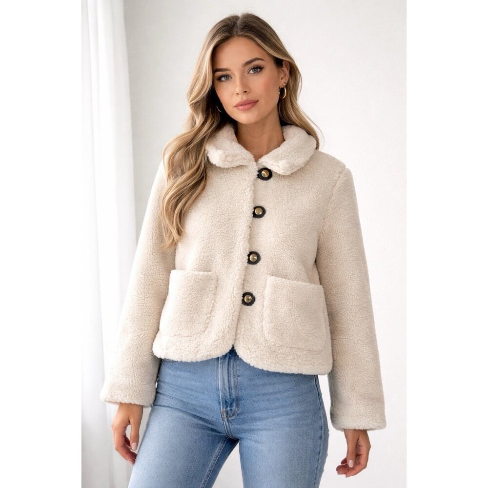 INDUSTRY Faux Fur Sherpa Cropped Jacket Cream Button Front Pockets Women Size M